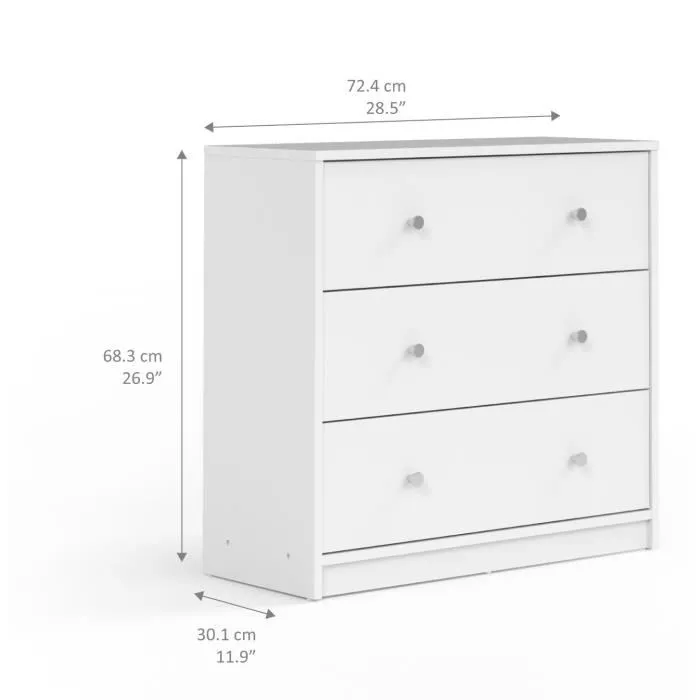 OREGON Commode 3 Tiroirs Blanc Contemporaine - Dimensions 72,4 x 30,1 x 68,3 cm pour Chambre OREGON Commode 3 Tiroirs Blanc Contemporaine - Dimensions 72,4 x 30,1 x 68,3 cm pour Chambre