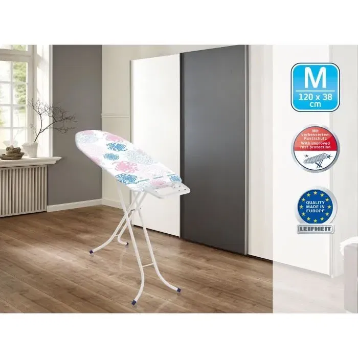 Leifheit Table à repasser Classic M Basic 72577, table de repassage réglable 69-88 cm, surface 120x38 cm, housse en coton, pieds en tube métallique 22 mm