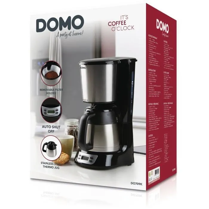 DOMO Cafetière filtre DO709K - 1000W, 1L (8 tasses), Acier inoxydable - Minuteur 24h et écran LCD