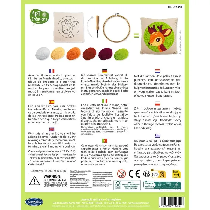 Sentosphere - Broderie à l'aiguille magique Punch Needle - Kit d'initiation avec motif Petit Cerf - Loisir créatif dès 6 ans