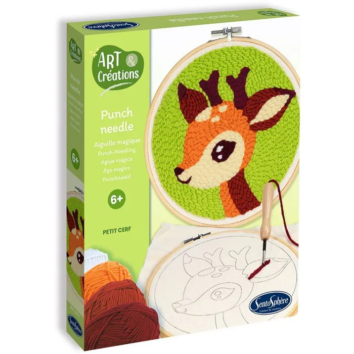 Sentosphere - Broderie à l'aiguille magique Punch Needle - Kit d'initiation avec motif Petit Cerf - Loisir créatif dès 6 ans