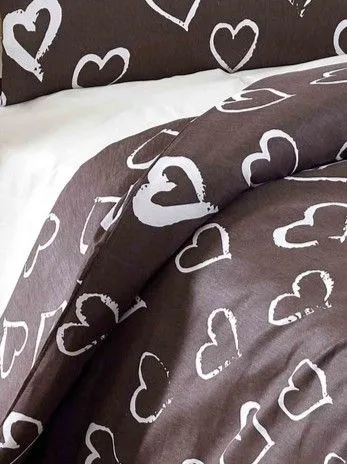 Parure de lit 1 personne - Housse de couette 140 x 200 cm imprimé coeur brun + 1 taie d'oreiller 60 x 60 cm