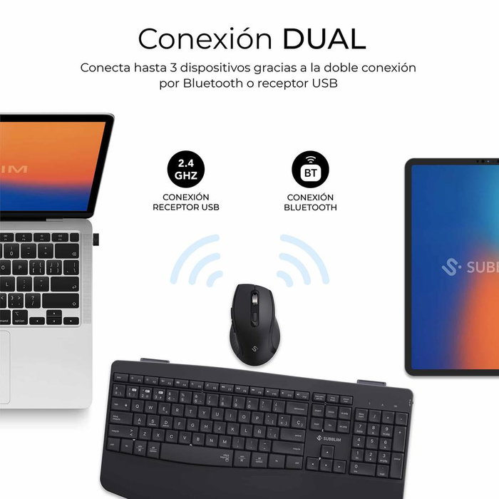 Subblim Combo Dual Office Prowave Black – Clavier et Souris sans Fil Bluetooth + USB, QWERTY Espagnol, Noir