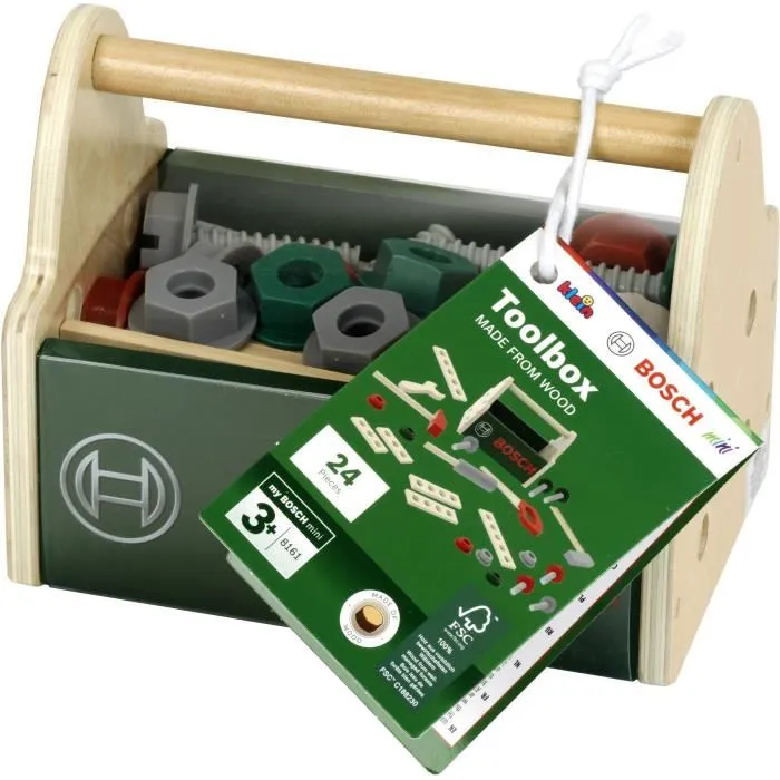 Bosch KLEIN - KLEIN 8161 - Caisse à outils en bois FSC avec 23 accessoires pour enfant à partir de 3 ans - Dimensions 18 x 12 x 14.5 cm