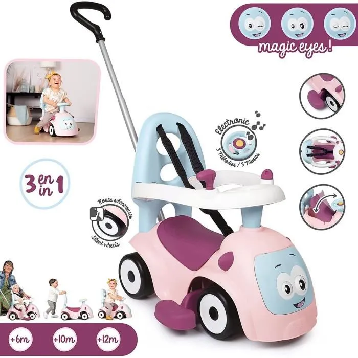 Smoby Porteur Maestro Balade Rose - Porteur évolutif 3 en 1 pour enfants dès 6 mois - Avec canne parentale, coffre à jouets, roues silencieuses et klaxon
