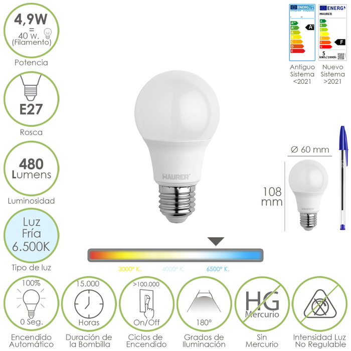 MAURER Ampoule LED Standard E27 4,9W Lumière Froide MAURER Ampoule LED Standard E27 4,9W Lumière Froide