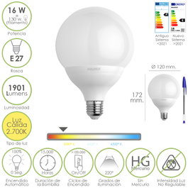 MAURER Ampoule LED Globo E27 16W Luz Cálida