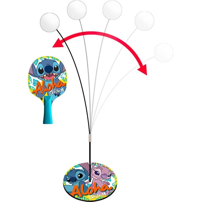 Disney Stitch - Set d'apprentissage Ping-pong 2-en-1 avec 2 raquettes, filet à ventouses, balles et tige flexible 360° - Pour jouer seul ou à deux