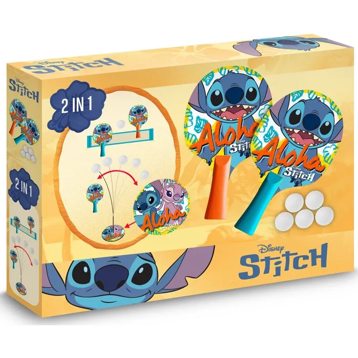 Disney Stitch - Set d'apprentissage Ping-pong 2-en-1 avec 2 raquettes, filet à ventouses, balles et tige flexible 360° - Pour jouer seul ou à deux