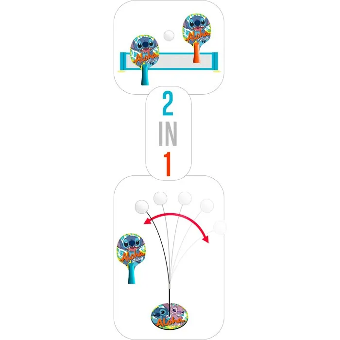 Disney Stitch - Set d'apprentissage Ping-pong 2-en-1 avec 2 raquettes, filet à ventouses, balles et tige flexible 360° - Pour jouer seul ou à deux