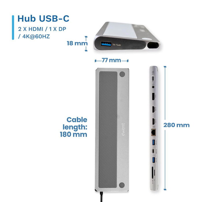 Ewent Docking Station USB-C 12 en 1 EW1150 avec 2x HDMI 4K, DisplayPort, PD 100W, Gigabit Ethernet Ewent Docking Station USB-C 12 en 1 EW1150 avec 2x HDMI 4K, DisplayPort, PD 100W, Gigabit Ethernet
