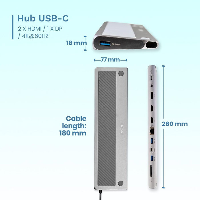 Ewent EW1150 Docking Station USB-C 12 en 1 Gris