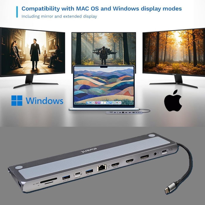 Ewent EW1150 Docking Station USB-C 12 en 1 Gris