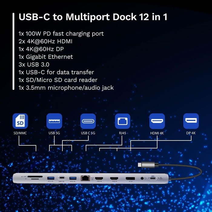 Ewent EW1150 Docking Station USB-C 12 en 1 Gris