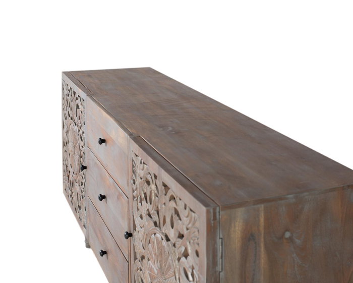 GINER Y COLOMER - Buffet en bois de manguier gris décapé avec deux portes latérales sculptées à la main et trois tiroirs, meuble vintage avec pieds tournés