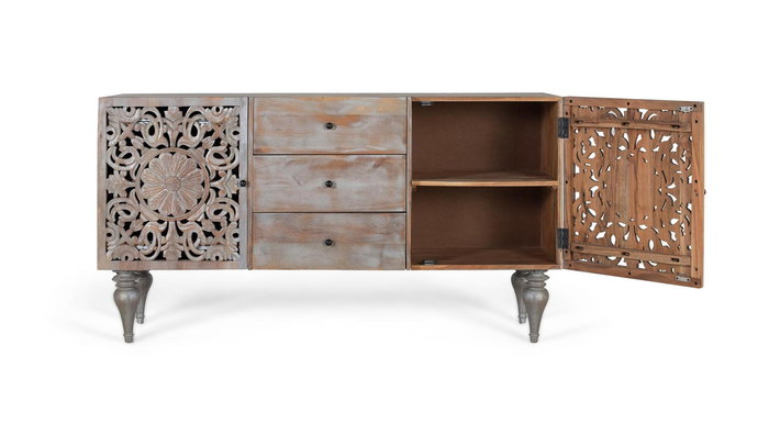 GINER Y COLOMER - Buffet en bois de manguier gris décapé avec deux portes latérales sculptées à la main et trois tiroirs, meuble vintage avec pieds tournés