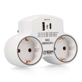 Edm Adaptateur 2 prises 2P+T Schuko avec 2 USB (A+C) 5V DC 2.1A 10,5 W 3680 W / 230 V Blanc 112 x 39,5 x 80 mm