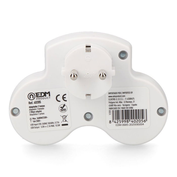 Edm Adaptateur 2 prises 2P+T Schuko avec 2 USB (A+C) 5V DC 2.1A 10,5 W 3680 W / 230 V Blanc 112 x 39,5 x 80 mm