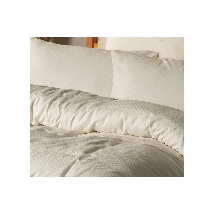 Parure de lit 140x200cm avec 1 taie d'oreiller 60x60cm - 100% coton renforcé - Imprimé carreaux crème - Ensemble housse de couette