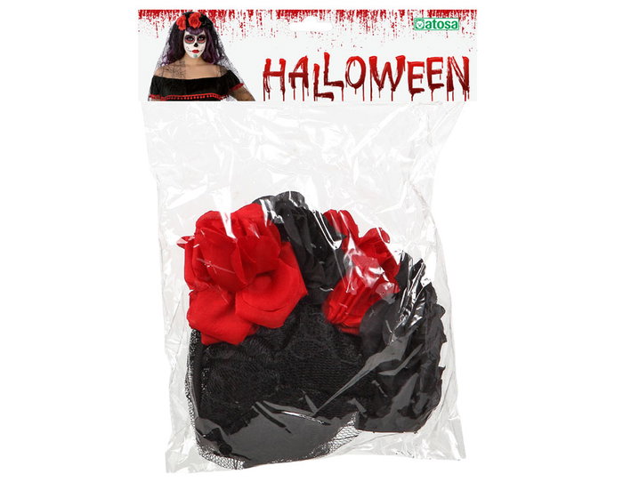 Diadema Halloween Couronne Capeline avec Fleurs Roses et Long Voile Noir à Toile d'Araignée pour Déguisement Catrina, Fêtes et Événements