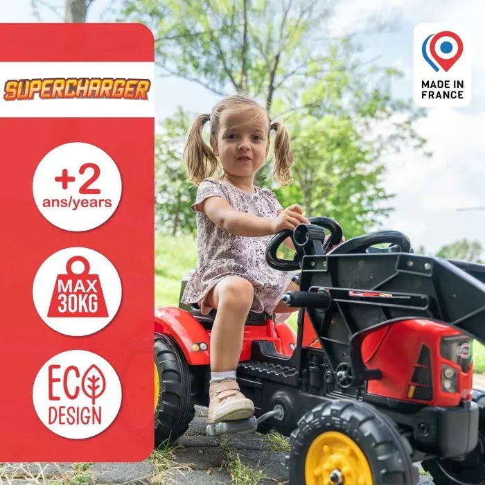 FALK Supercharger - Tracteur à pédales rouge avec pelle frontale articulée et remorque pour enfants 2-5 ans - Jeu de jardin