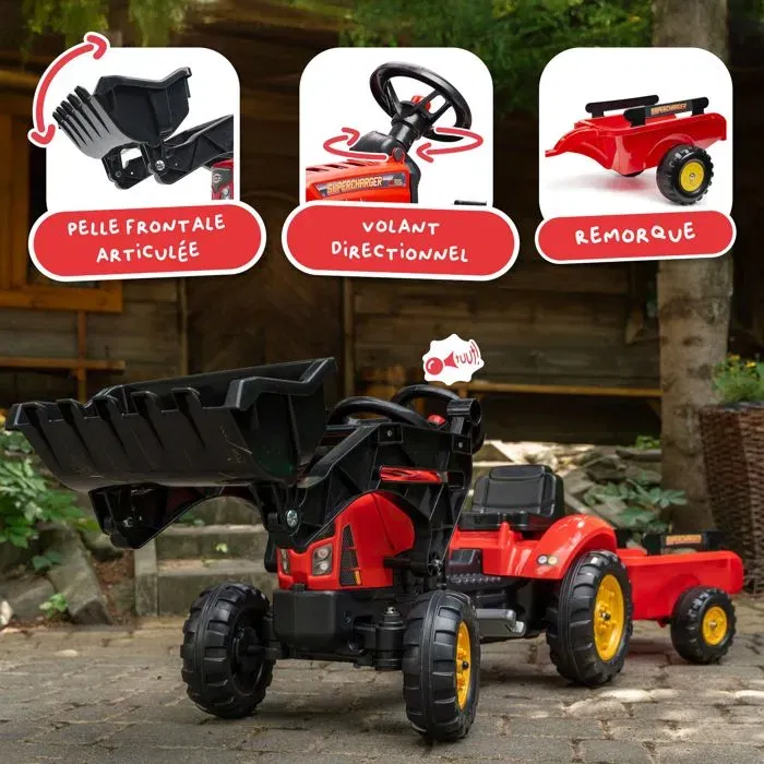 FALK Supercharger - Tracteur à pédales rouge avec pelle frontale articulée et remorque pour enfants 2-5 ans - Jeu de jardin