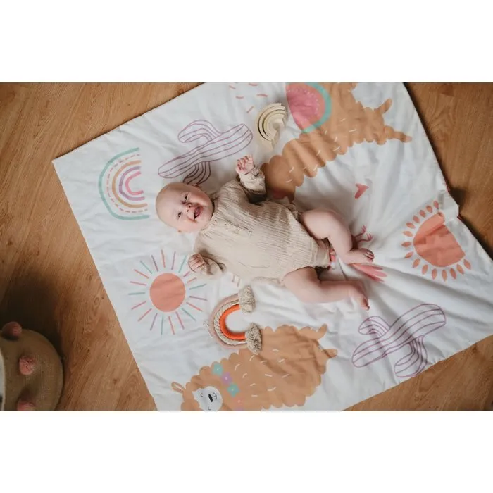 Tineo - Tapis de jeu nomade bébé 100 x 100 cm en jersey de coton, motif alpagas coloré, avec poignée de transport intégrée Tineo - Tapis de jeu nomade bébé 100 x 100 cm en jersey de coton, motif alpagas coloré, avec poignée de transport intégrée