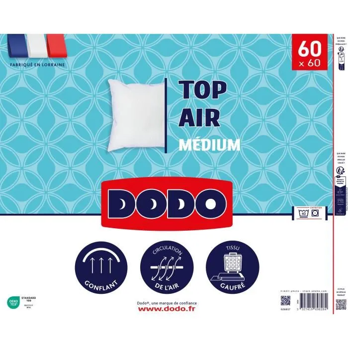 Dodo Oreiller DODO VOLPT'AIR MEDIUM TOP AIR, Confort Moyen, Taille 60x60 cm, Garnissage Polyester, Enveloppe Tissu Gauffré, Blanc