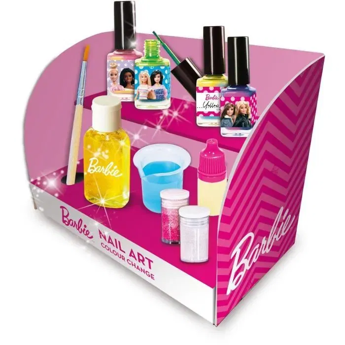 Lisciani Barbie Nail Art - Vernis à ongles qui change de couleur au contact de l'eau, coffret créatif avec paillettes et flacons, à partir de 5 ans