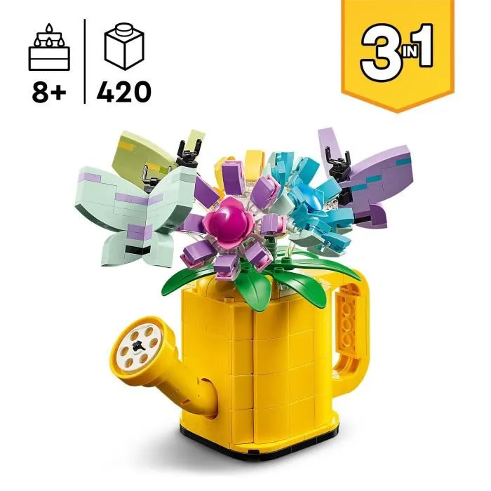 LEGO Creator 3en1 31149 Les Fleurs dans l'Arrosoir, Jouet de Construction 420 Pièces avec Arrosoir, Bouquet et 2 Oiseaux, à Partir de 8 Ans