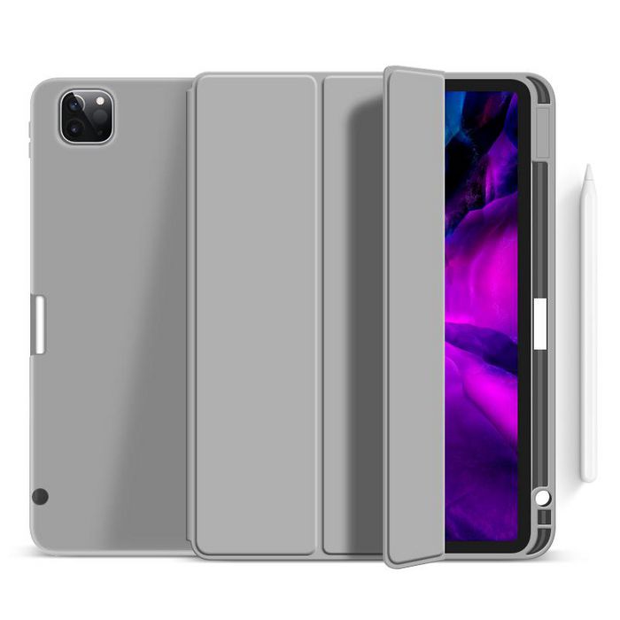 eSTUFF Étui Miami Pencil pour iPad Pro 12,9" (2021/2022) - Cuir PU Gris Transparent avec Recharge Intégrée pour Stylet et Support Magnétique
