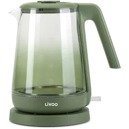 Livoo DOD216V Bouilloire électrique en verre borosilicate vert - 1,7 L - 2200 W - Éclairage LED bleu - Rotation 360° - Arrêt automatique