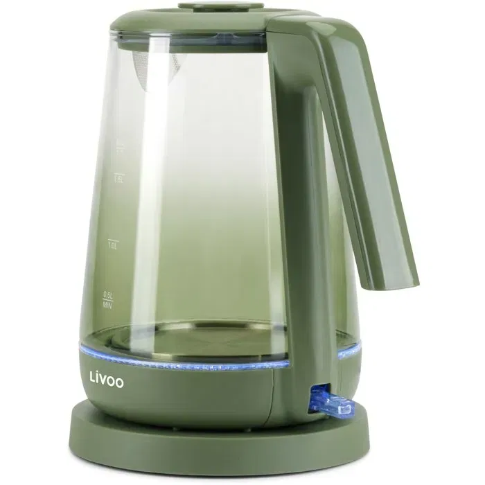 Livoo DOD216V Bouilloire électrique en verre borosilicate vert - 1,7 L - 2200 W - Éclairage LED bleu - Rotation 360° - Arrêt automatique