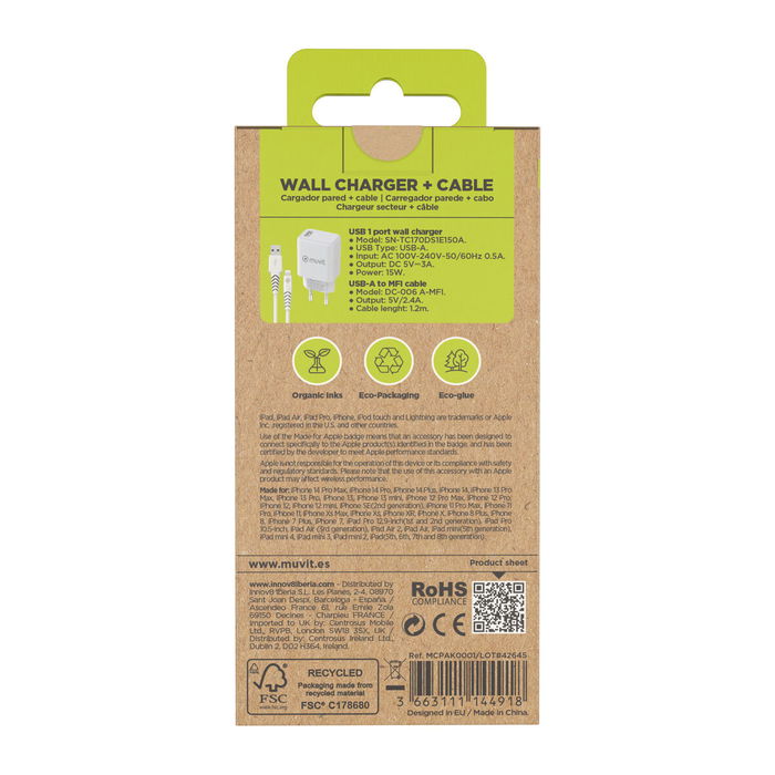 Chargeur mural + Câble USB A vers USB-C Muvit for Change SN-TC170DS1E150A + DC-006 Blanc 12 W