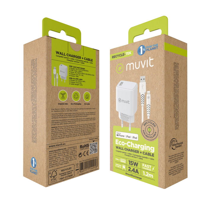 Chargeur mural + Câble USB A vers USB-C Muvit for Change SN-TC170DS1E150A + DC-006 Blanc 12 W