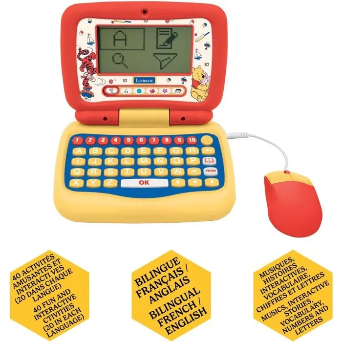 Lexibook Ordinateur portable éducatif Winnie l'ourson parlant bilingue français-anglais - 40 activités pour enfants, méthode syllabique, histoires animées