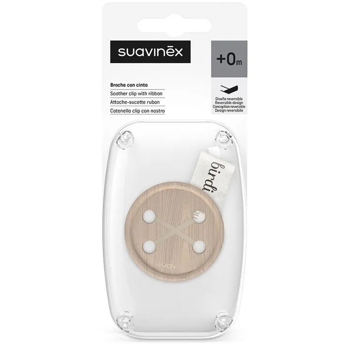 Suavinex Attache-sucette avec ruban - Collection Birdies - Pour éviter la perte de la tétine dès la naissance - Beige