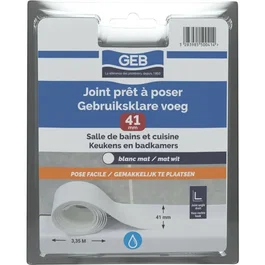 Geb - Joint prêt à poser - 41 mm x 3,35 m - Blanc brillant - Pour baignoire, lavabo, évier - Adhésif universel