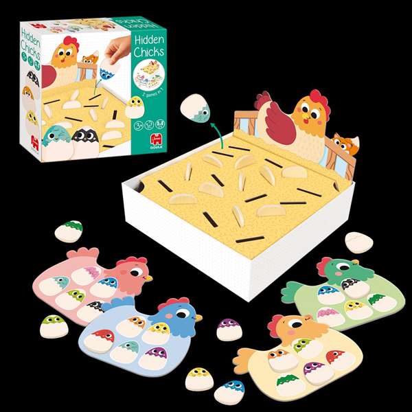Goula Hidden Chicks - Jeu éducatif pour enfants à partir de 3 ans avec 2 modes de jeu, 4 planches, 21 poussins et 1 renard - Multilingue (FR, EN, ES, DE, IT, PT)