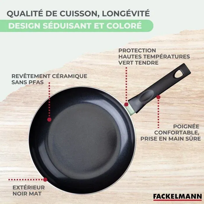 Fackelmann Set de 2 Poêles Antiadhésives Céramique 24 cm et 28 cm en Aluminium Recyclé Sans PFAS - Compatibles Tous Feux et Four