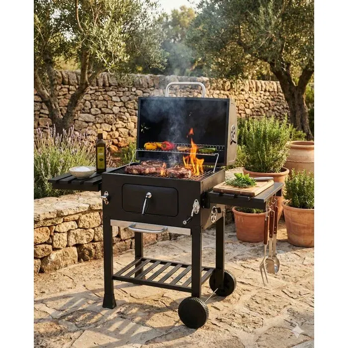 Cookingbox Barbecue au Charbon Clark - Grille en Fonte, Ventilation Réglable, Acier Inox, Thermomètre, Tablettes Rabattables, Roues