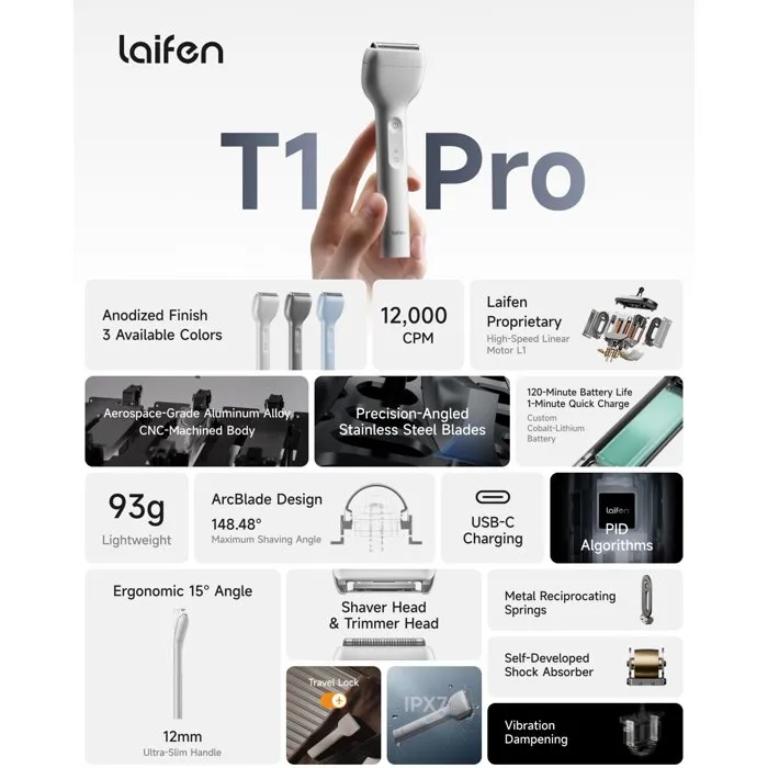 Laifen T1 Pro Rasoir électrique compact avec 1 lame et moteur linéaire