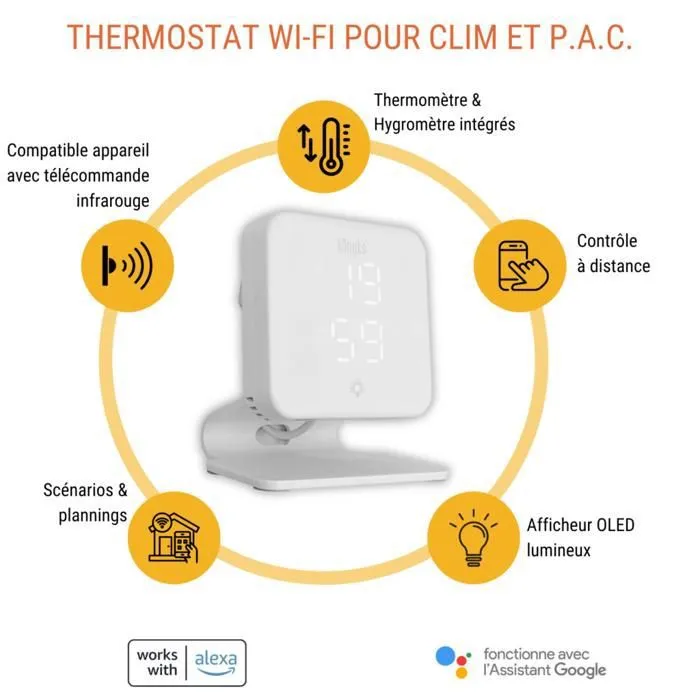 Konyks Thermostat Climpac Wi-Fi - Contrôle à distance pour climatiseurs et pompes à chaleur, programmable, avec thermomètre, hygromètre et compatibilité assistants vocaux