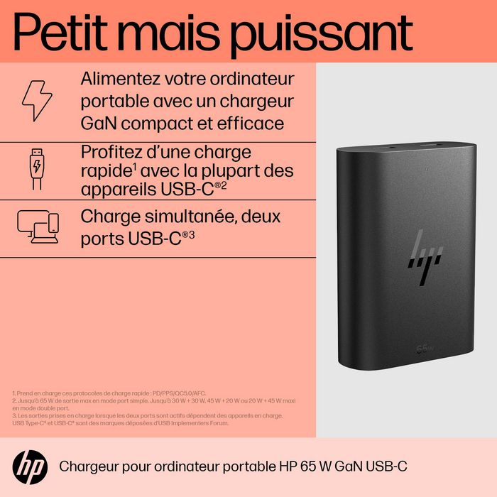 HP Chargeur pour ordinateur portable 65 W GaN USB-C Noir