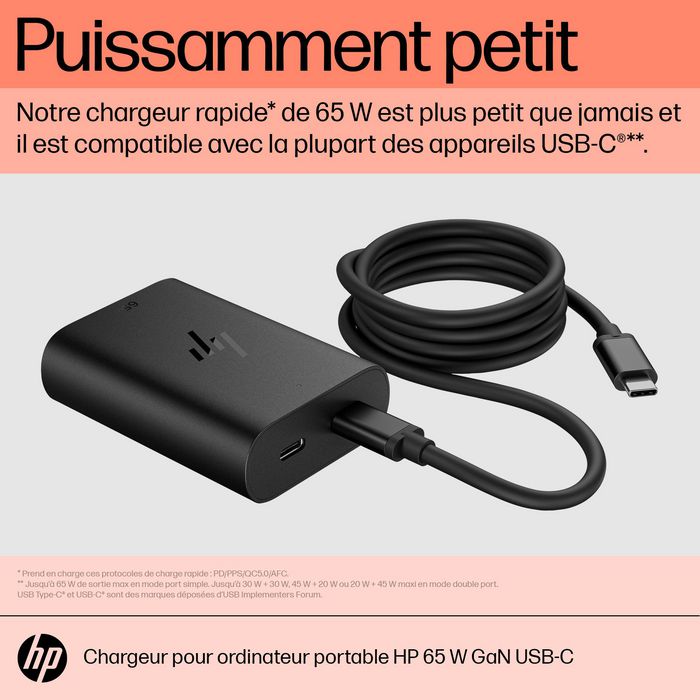 HP Chargeur pour ordinateur portable 65 W GaN USB-C Noir