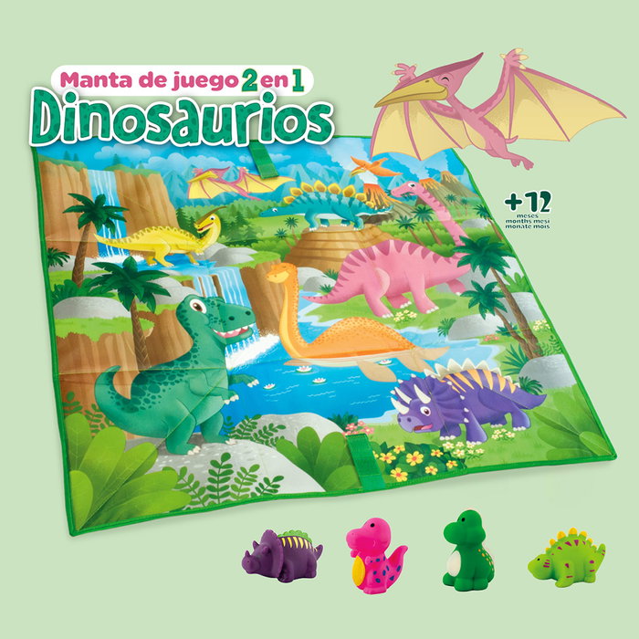DEQUBE Tapis de jeu 2-en-1 avec boîte de rangement pour jouets - 85 cm x 85 cm - Dinosaures et animaux - Dès 6 mois