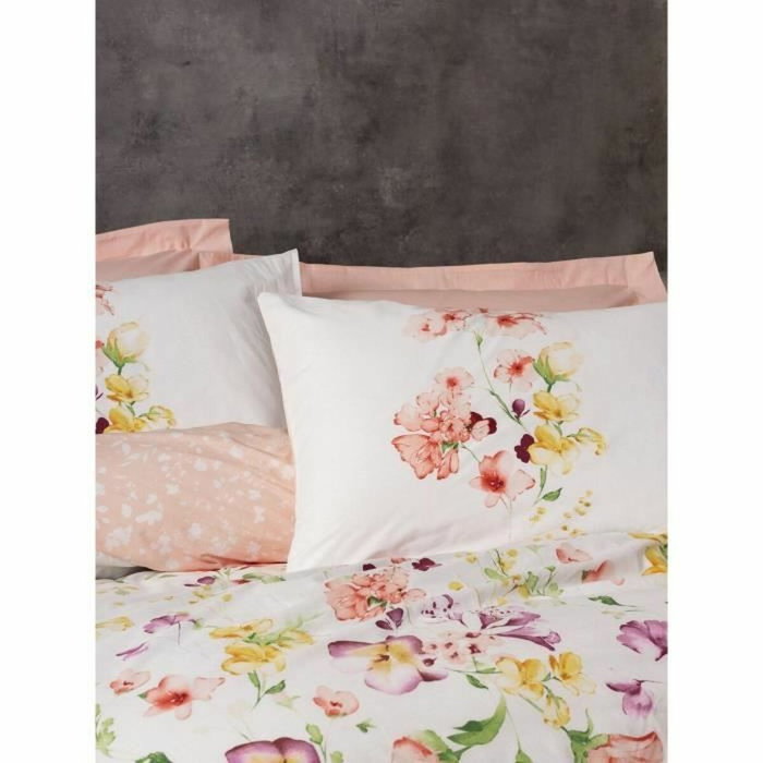 BigBuy Home Parure de couette en coton renforcé Saumon et Blanc, 220 x 240 cm
