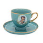 WIDDOP & CO Tasse à thé avec soucoupe Princesse Jasmine Disney - Porcelaine turquoise, motif floral, inscription 'Follow your Heart' - Collection souvenirs