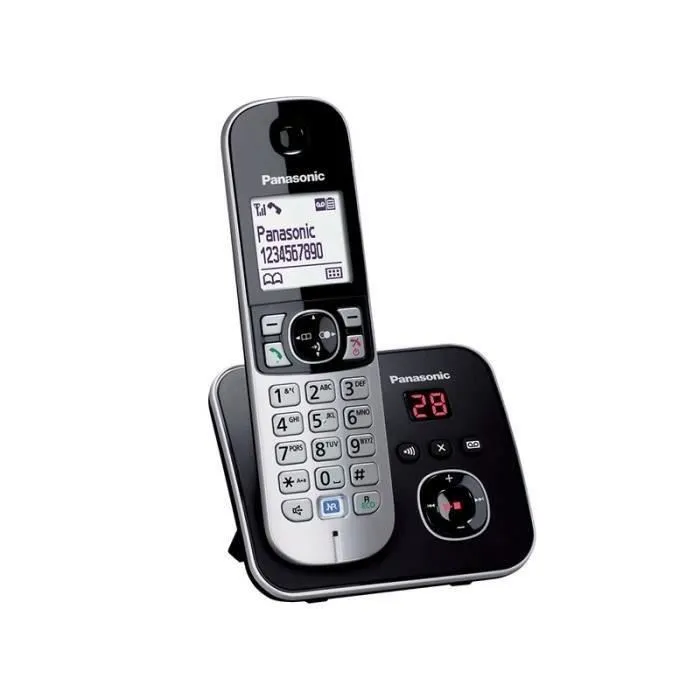 Panasonic KX-TG6821FRB Téléphone Sans Fil DECT avec Répondeur, Mains Libres, Identification Appelant, Blocage Appels, Écran LCD, Noir