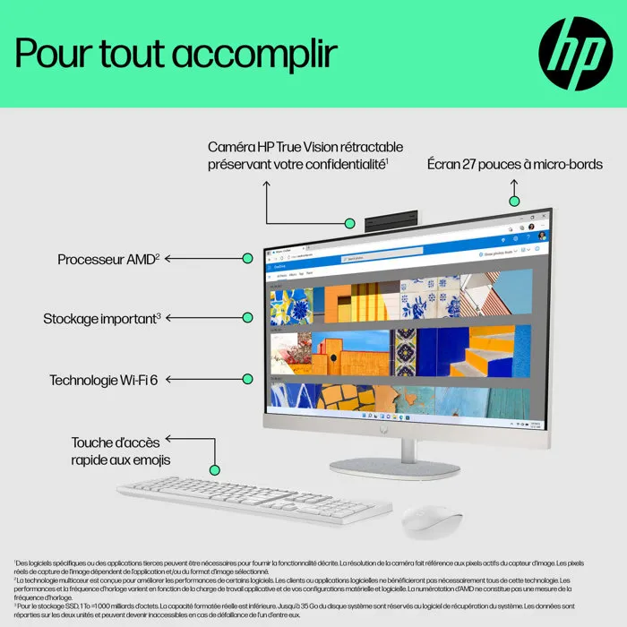 HP 27-cr0074nf PC Tout-en-un 27 FHD IPS, Ryzen 7 7730U, 16 Go, 512 Go SSD, Blanc coquille
